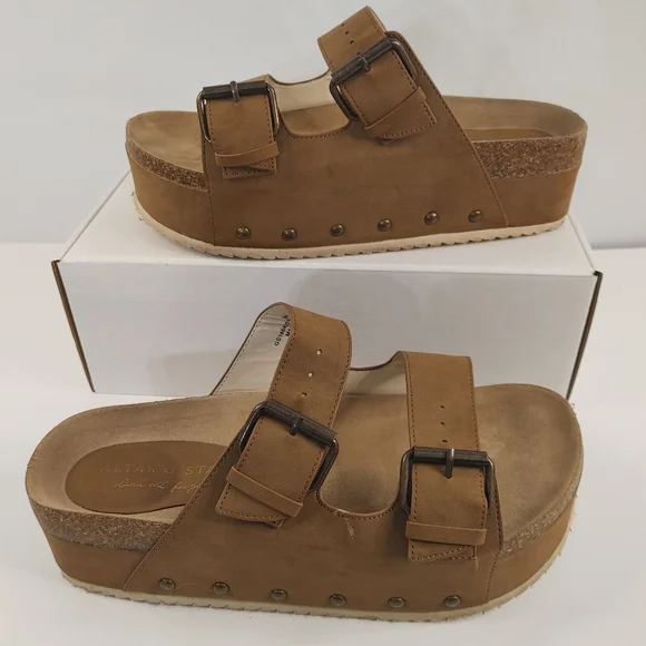 Altar’d State Serenna Platform Slide Sandals Size 9 Brown Double Buckle Boho - Picture 2 of 14